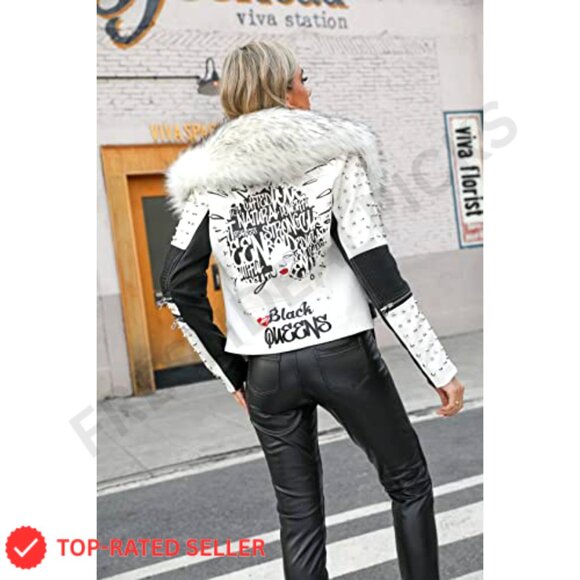 Faux Leather Jacket Studded Rivet Floral Moto Biker Short Lapel Coat - Picture 6 of 7